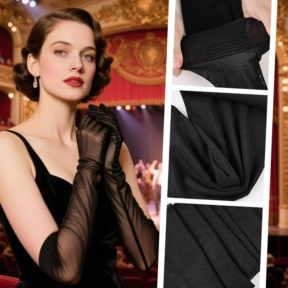 Women's Black Tulle Long Satin Gloves Evening Elbow Length Party Costumes